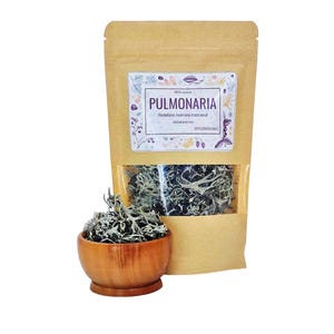 Op de afbeelding: Een bruine papieren zak met een label met de tekst "Pulmonaria Herbolaria Mexicana Tradicional Calidad Premium #PASIONORGANICA" en gedroogde kruiden in een houten kom.