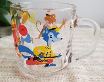 Vintage Arcoroc France Child's Glass Cup Mug Cartoon Animals Funny Cup