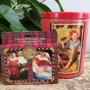 Vintage set van 2 coca-colablikken rond leeg puzzelblik en 2 pakjes met speelkaartenblik