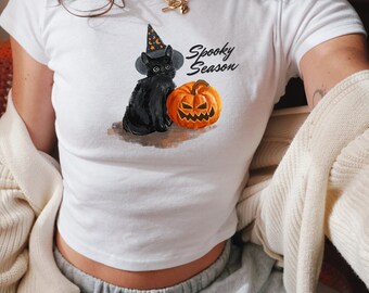 Halloween Baby Tee: Spooky Black Cat & Pumpkin Y2K Shirt