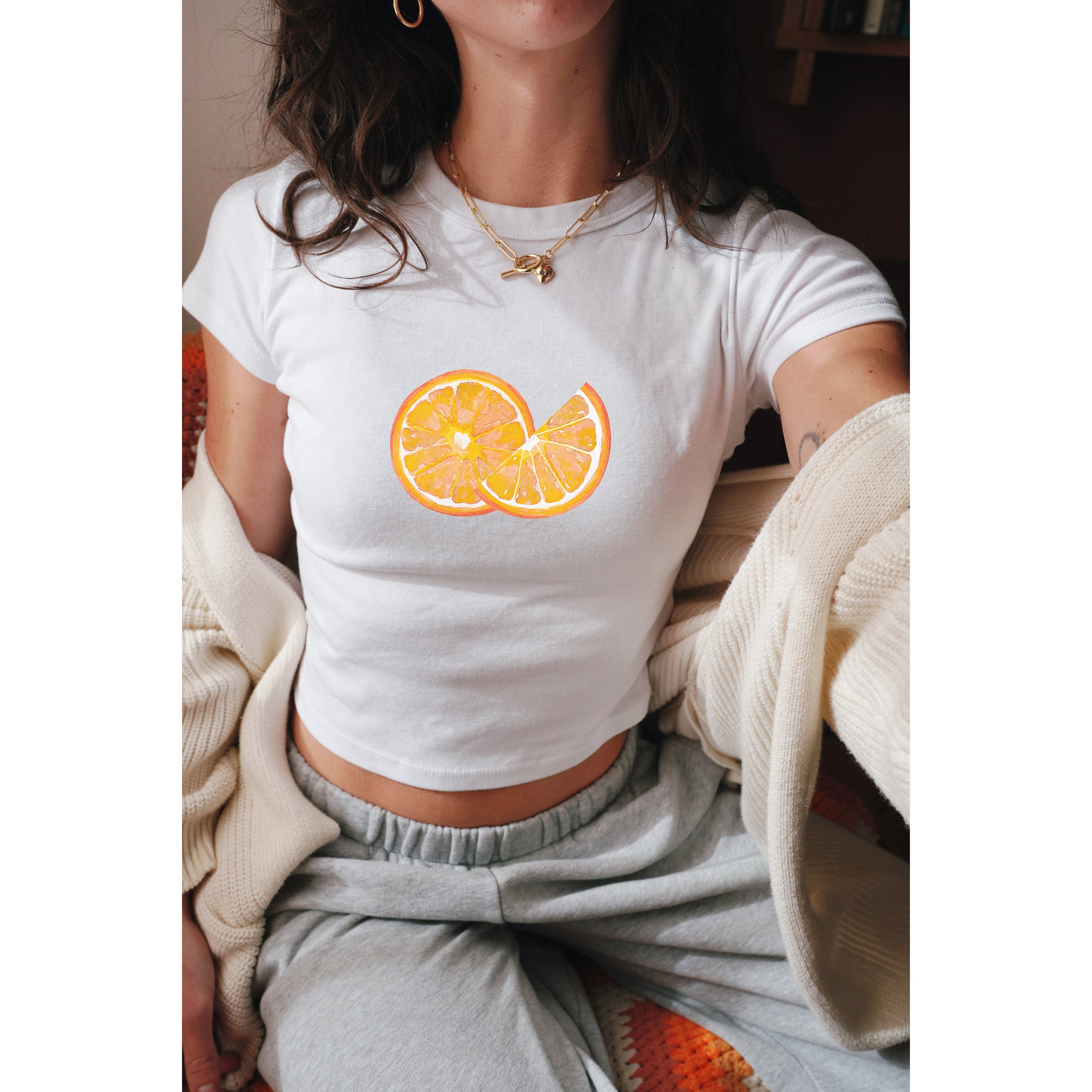 T-shirt bébé orange tranches, haut court style an 2000, t-shirt coquette style vintage, motif imprimé fruits, haut girly pour fille, haut graphique d'été pour femme
