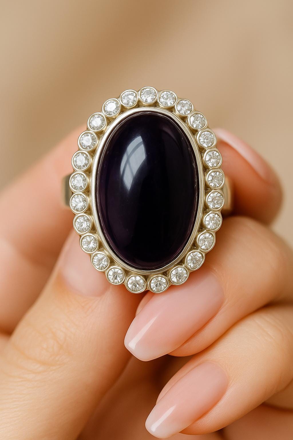 Genuine Amethyst & White Topaz Ring | 20ct Oval Cabochon | Sterling Silver Statement Ring | February Birthstone | Gift for Her