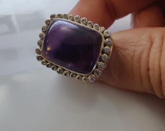 Amethyst and White Topaz Ring | Sterling Silver | 10+ ct Amethyst | Size 7 | Statement Cocktail Ring