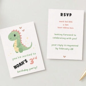 Children&#39;s Cute Dinosaur 3rd Birthday Party Card Template