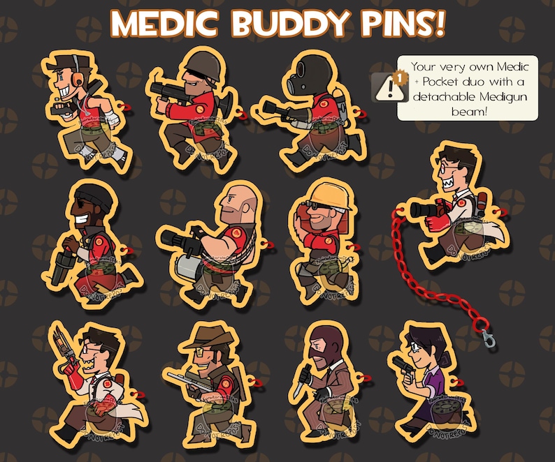 May include: A selection of cartoon Medic Buddy pins. Each pin depicts a character in a running pose, holding different weapons. The pins have a yellow border and are set against a dark grey background. Text at the top reads "MEDIC BUDDY PINS!"