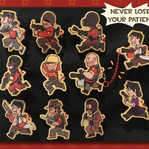 May include: A set of cartoon character pins, each showing a different figure in action poses. The pins have gold outlines and are set against a black background. A speech bubble reads "NEVER LOSE YOUR PATIENT!"