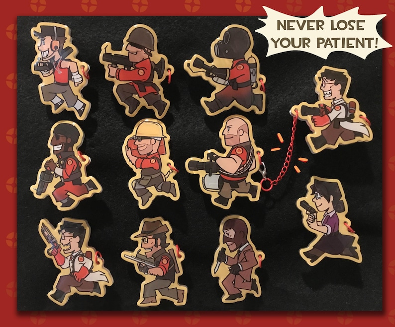 May include: A set of cartoon character pins, each showing a different figure in action poses. The pins have gold outlines and are set against a black background. A speech bubble reads "NEVER LOSE YOUR PATIENT!"