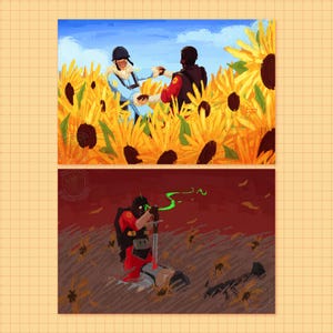 May include: Two-panel artwork featuring characters in a sunflower field and a battlefield. The top panel shows two figures holding hands in a field of sunflowers under a blue sky. The bottom panel depicts a figure in a red and black uniform on a battlefield.
