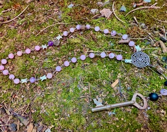 Hekate Witch Ladder Occult Prayer Beads with Cherry Blossom Jasper, Lava Beads, Amethyst, Rattlesnake Vertebrae, and Consecrated Antique Key