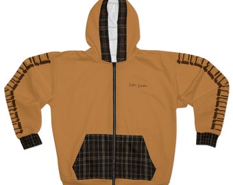 Santi's Selection- Yahweh light brown  with black & brown plaid design Unisex Zip Hoodie