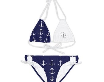 strappy swimsuit con estampado de anclas blanco y azul marino