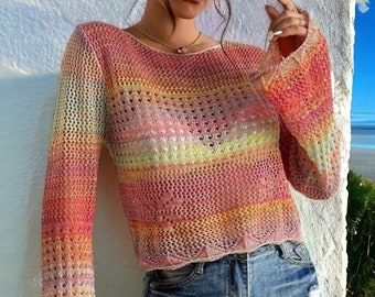 Boho Rainbow Crochet Cropped Pullover Top - Womens Boho Beach Summer Clothing - FreeSpiritKate