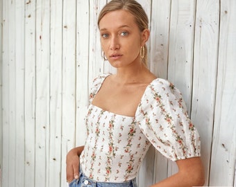 Natürliche 100% Baumwolle Leinen Vintage Floral Square Kragen Top - Boho Strand Sommer Kleidung - FreeSpiritKate