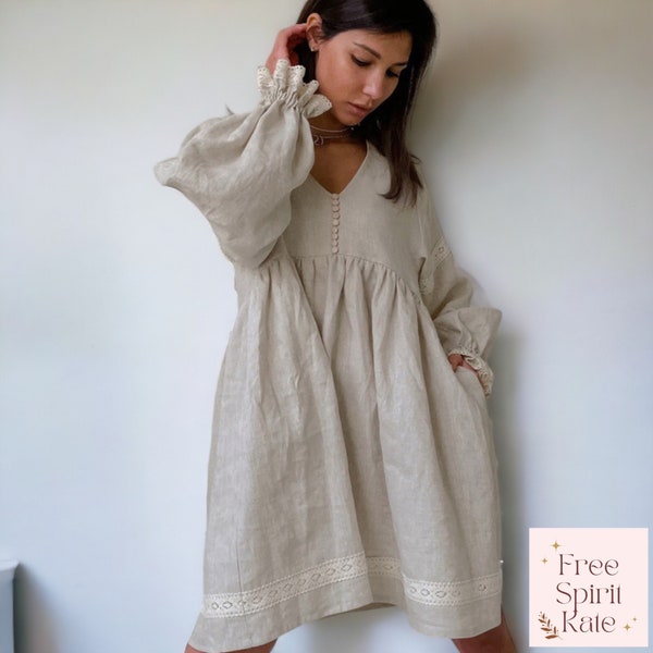 French Boho Natural Cotton Linen Khaki Summer Dress - Womens Summer Dress, Womens Summer Clothing, Elegant Fashion, Organic Linen Dress