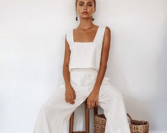 Zweiteiliges Sommer-Loungewear-Set aus natürlichem 100 % Baumwollleinen - Sommer-Loungewear, Sommer-Zweiteiler-Set, Boho-Zweiteiler-Set, Bio-Kleidung