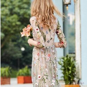 Embroidered Floral See Through Mesh Cotton Long Dress Natural Womens Bohemian Clothing FreeSpiritKate zdjęcie 5