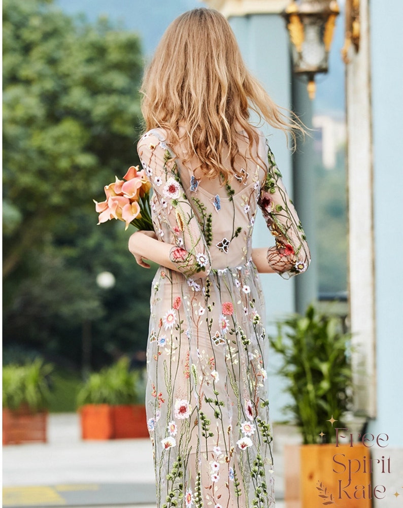 Embroidered Floral See Through Mesh Cotton Long Dress Natural Womens Bohemian Clothing FreeSpiritKate zdjęcie 5