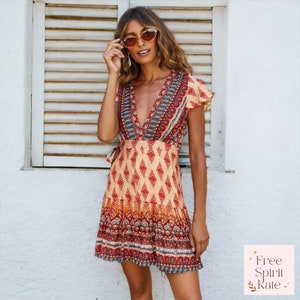 Boho V Neck Natural Cotton Short Dress Multiple Colours Available Natural Womens Bohemian Clothing FreeSpiritKate Orange