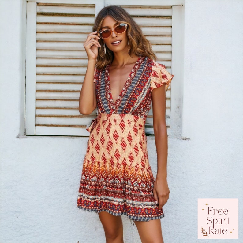 Boho V Neck Natural Cotton Short Dress Multiple Colours Available Natural Womens Bohemian Clothing FreeSpiritKate Orange