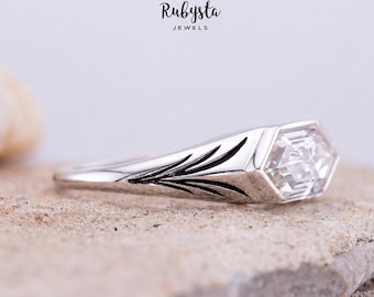 East-West Hexagon Moissanite Engagement Ring with Botanical Engraving