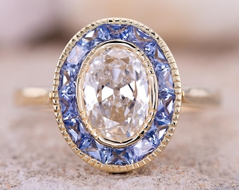 Convertible Lab-Grown Diamond Ring Pendant, Oval Old Mine Cut, Blue Sapphire Halo