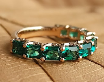 Lab-Grown Emerald Eternity Ring, Rectangular Cushion Green Emerald Wedding Band