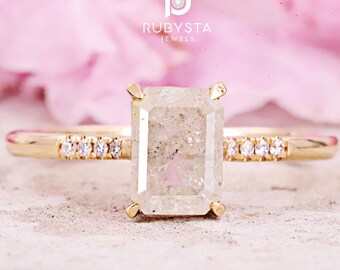 Anillo de Diamante Sal y Pimienta Corte Esmeralda | 1.50ct Natural | Oro 14K Hecho a Mano