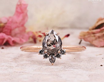 Verlobungsring Salz- und Pfefferbirnendiamant Art-Deco-Ring Kleiner Fingerring Erschwinglicher Ring Ring mit klarem Diamant 14K-Massivgoldring