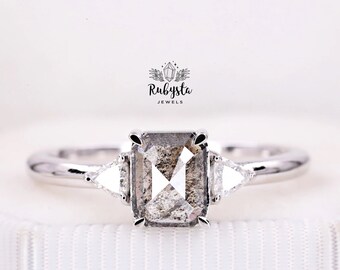 14k Gold Salt and Pepper Emerald Cut Diamond Engagement Ring
