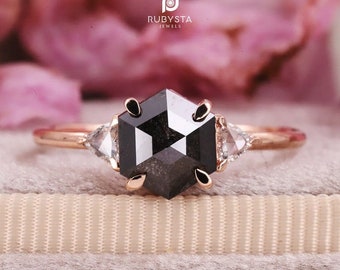 Salt and Pepper Hexagon Diamond Ring Engagement Ring layering dainty ring eagle claw ring matching rings set - Rubysta