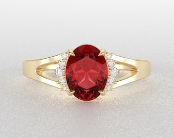 Gold Oval Ruby Engagement Ring, Lab Ruby Ring, Diamond Accent Ring, Split Shank Ruby Ring, Unique Gold Ring, Vintage Ruby Jewelry