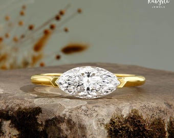 Anillo de diamantes de laboratorio de talla marquesa de 1 quilates: elegante alianza de compromiso de oro