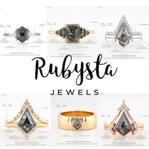 May include: A collection of rings with various designs, including a hexagonal ring, a rectangular ring, and a V-shaped ring. The rings feature diamonds and are set in gold. The brand name "Rubysta Jewels" is displayed in the center.