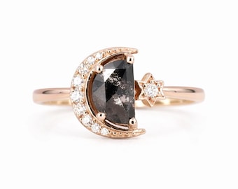 Natural Half Moon Salt and Pepper Diamond Celestial Engagement Ring, 14K Gold