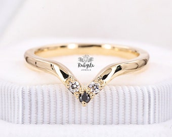 Anello impilabile in oro 14k: fede nuziale con diamanti bianchi e neri