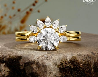 Anillo de compromiso con diamantes cultivados en laboratorio: corte redondo con detalles en forma de pera, oro de 14 k