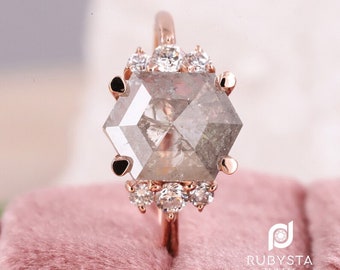 Buy Diamond ring online | Hexagon engagement ring | Salt and pepper diamond | Natural diamond ring | Hexagon cut ring | Gift for sister