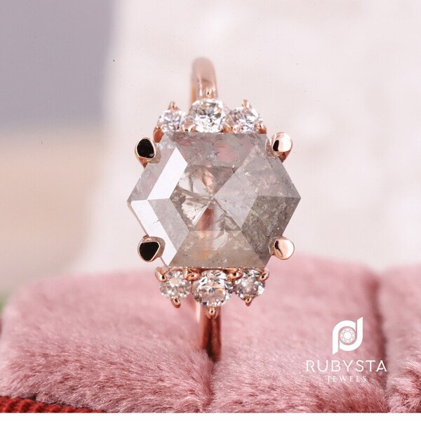 Buy Diamond ring online | Hexagon engagement ring | Salt and pepper diamond | Natural diamond ring | Hexagon cut ring | Gift for sister