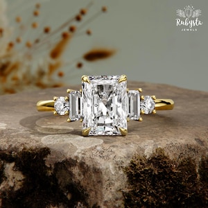 Lab Grown Radiant Cut Diamond Ring – Gold Baguette & Round Accent Engagement Ring, Custom Wedding Jewelry, Timeless Bridal Ring