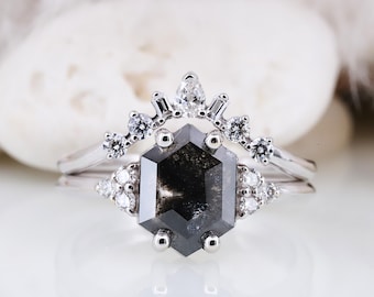 Natural Hexagon Salt and Pepper Diamond Engagement Ring with Triangle Accents
