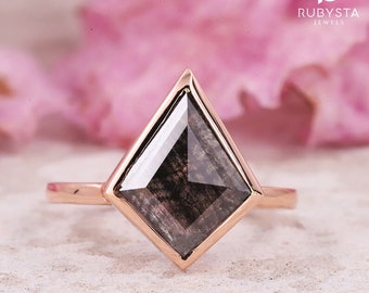Engagement ring Bezel setting kite cut ring Salt and pepper diamond ring Promise ring Natural diamond ring Gift for her 14K solid gold