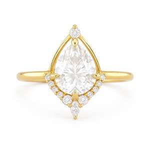 Pear Moissanite Diamond Ring | 14K Solid Gold | Halo Pear Engagement Ring | Unique Wedding / Anniversary Gift | Handmade Fine Jewelry