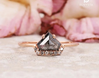 Salt and Pepper Diamond Ring | Engagement Ring | Pentagon Diamond Ring | Pentagon Gold Ring | Art Deco Ring | Natural Diamond Ring