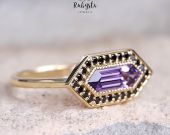 Lab-Grown Violet-Pink Sapphire Ring, Black Diamond Halo, Art Deco Style (9K Gold)