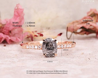 Ovaler Salz- und Pfeffer-Diamantring, Verlobungsring, Adlerkrallenring, ästhetischer Ring, passendes Ringset – Rubysta