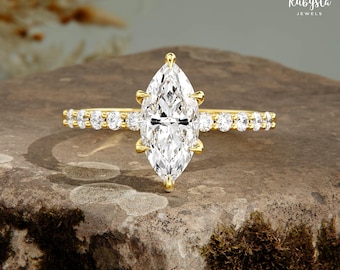 Anillo de compromiso con diamante de laboratorio de talla marquesa de 1,00 quilates: anillo de compromiso con banda de oro