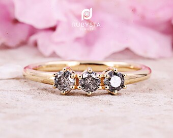 Anillo de compromiso con diamantes en sal y pimienta / Anillo de diamantes en racimo / Anillo de oro macizo