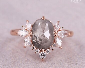Salt and Pepper Diamond Ring Engagement ring oval shaped ring bridesmaid gift trendy rings sleek ring - Rubysta