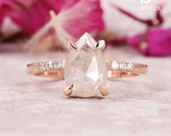 Milky pear diamond engagement ring Salt and pepper diamond ring 14K solid gold ring promise ring Natural diamond ring Anniversary ring