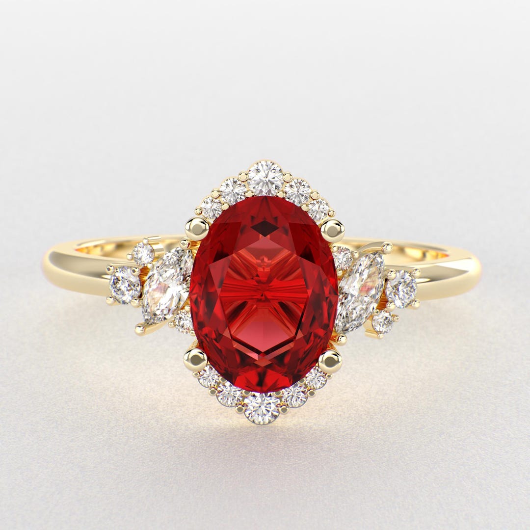 A Dazzling Trio: Red Oval Shape Ruby, Round, and Marquise Diamonds ...